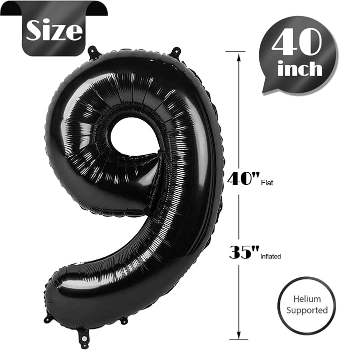 Black Number 9 Balloon 40 Inch, 9th Birthday Party Decorations for Children, Giant 9 Foil Balloon for Party Supplies