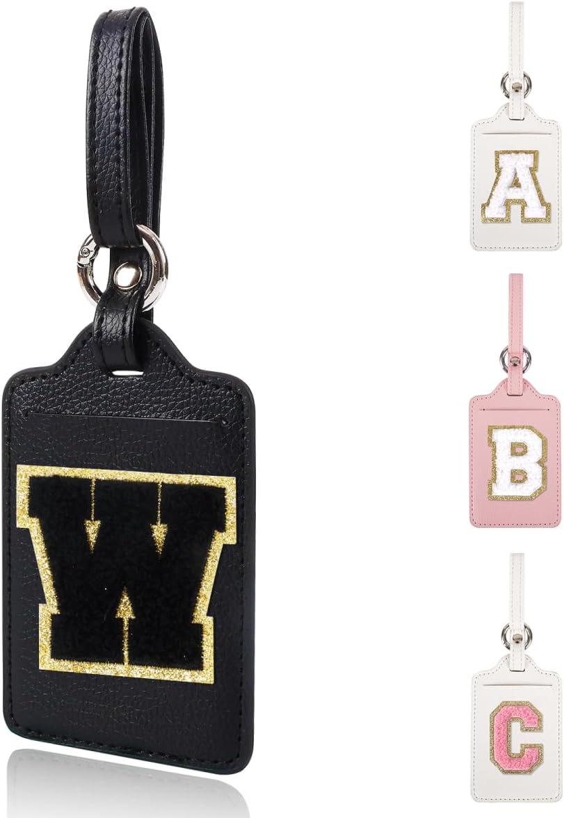 Personalized Initial Luggage Tags for Suitcases, Leather Chenille Letter Cute Luggage Tags with Privacy Name Card, Embroidered Travel Bag Backpack Tags Gifts for Women Kids Girls Teens(Black-W)