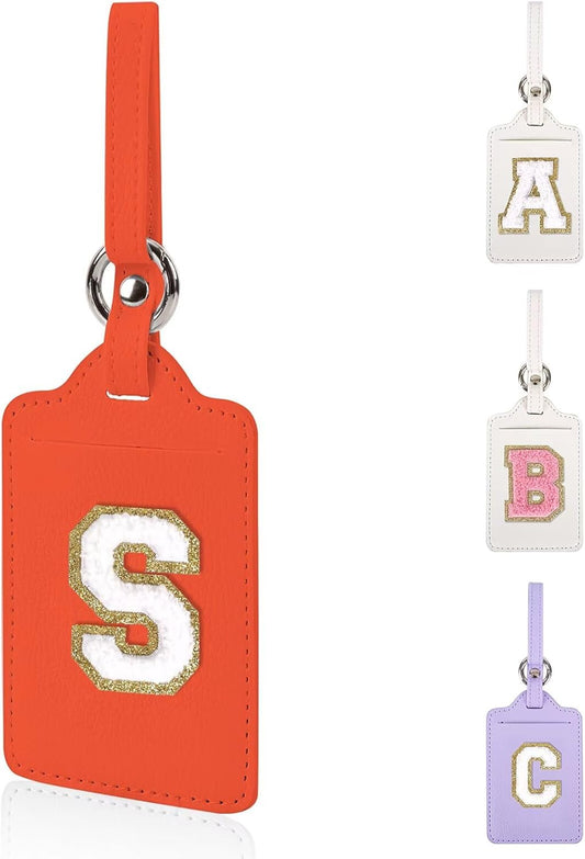 XSUIOY Personalized Initial Luggage Tags, Leather Chenille Letter Cute Luggage Tags with Privacy Name Card, Embroidered Travel Bag Backpack Tags Gifts for Women Kids Girls Teens (Orange, 1 Pack)