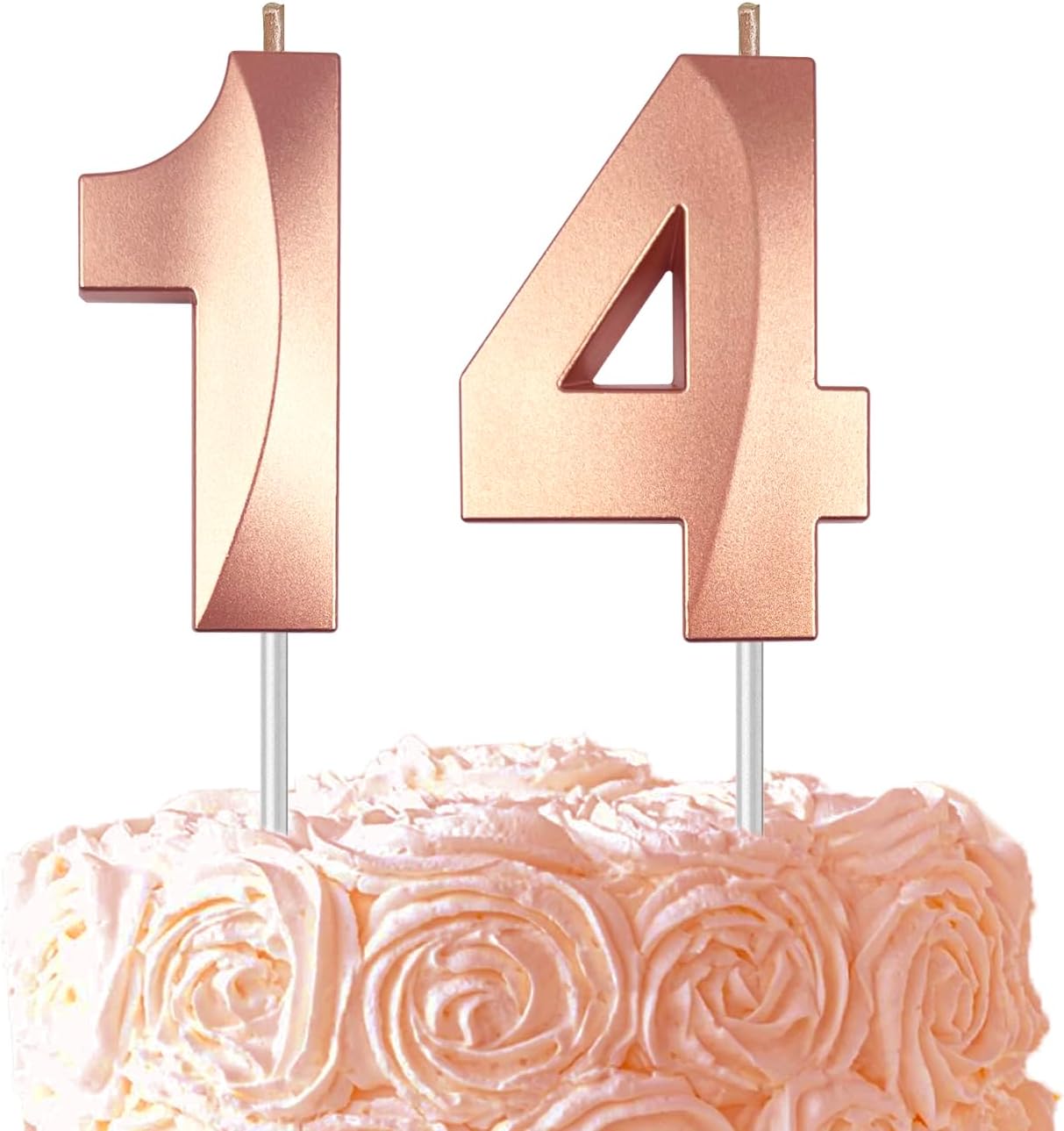 Rose Gold Number 14 Candles, 3D Diamond 2.76 Inch Cake Topper Birthday Candles for Wedding Anniversary Cake Decorations, Happy Birthday Party Decorations