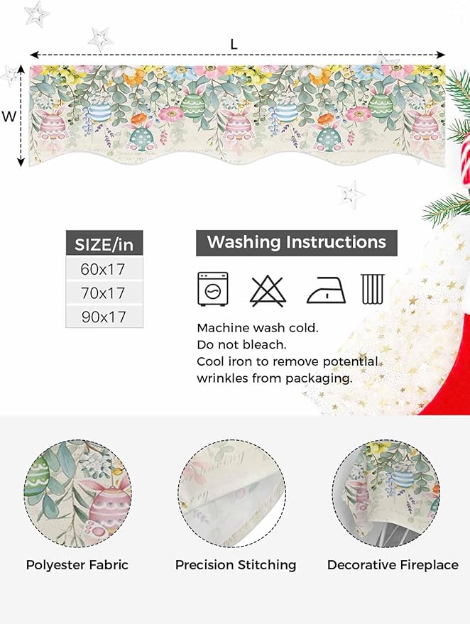 Easter Fireplace Mantel Scarf Table Runner, Spring Colorful Eggs Eucalyptus Leaves Floral Winter Garland Mantel Top Tablerunners Dresser Scarves Cover for Windows Party Living Room 90''x17''