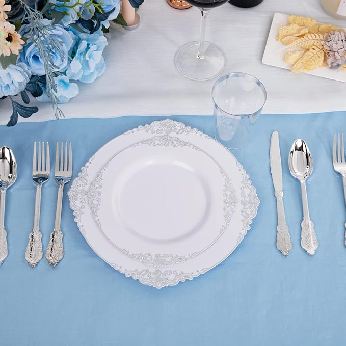 Hioasis 100pcs White Silver Plastic Plates - 10.25" Dinner Plates Disposable, Heavy -duty, Classy and Elegant for Thanksgiving