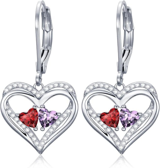 Valentines Day Gifts for Women, Heart Leverback Earrings Double Birthstone Dangle Earrings for Women, Love Jewelry for Her, Anniversary Birthday Gift for Mom Wife Girlfriend