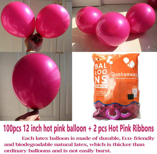 Jonhamwelbor Party Balloons Hot Pink Latex Balloons 100pcs 12inch Wedding Kid’s Birthday Bride Bachelorette Party Decorations(with Hot Pink Ribbon)