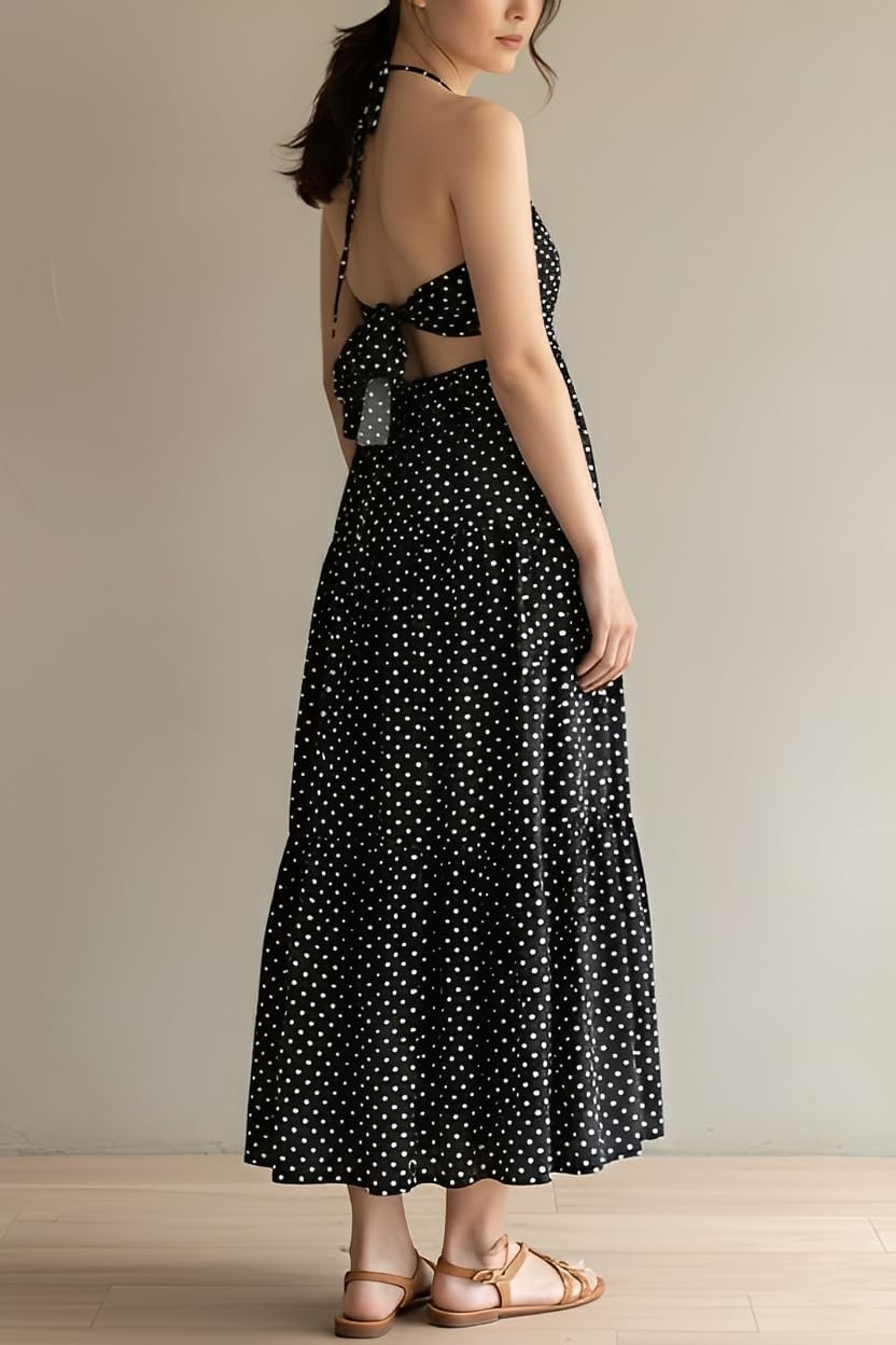 Women's Casual Halter Tiered Vacation Maxi Dress with Pockets