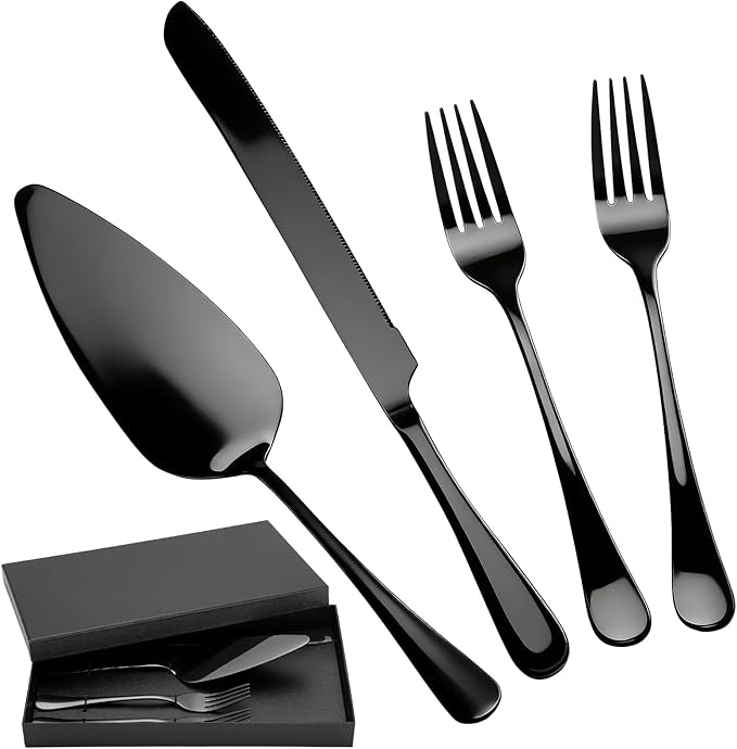 SUREAM Matte Black Cake Knife, 11 Inch 4PCS Cake Cutter Slicer, Pie Cutter and Server for Birthday Anniversary Christmas Engagements