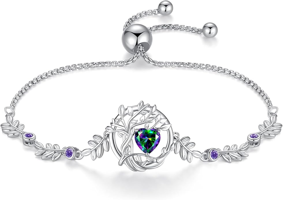 FANCIME Valentines Day Gift Tree of life Birthstone Bracelet for Women Sterling Silver Tree Jewelry Birthstone Charm Bracelet Gemstone Anniversary Birthday Gifts for Wife Mom Her