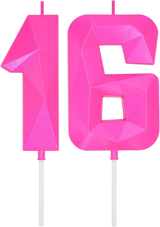 DERVENTA Large Birthday Candle Number 3D Pink 3.7 inch Party Celebration Anniversary Decoration Cake Topper 1 Piece (Number 16 Pink)