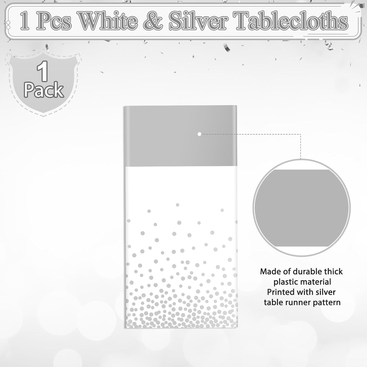 MASHAN 1Pcs White Silver Tablecloth Party Decorations,Plastic White Table Cloth Printed Silver Runner Disposable Rectangle Table Cover for Birthday Wedding Anniversary Graduation Party,54 x108 Inch