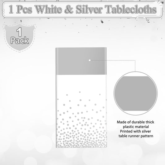 MASHAN 1Pcs White Silver Tablecloth Party Decorations,Plastic White Table Cloth Printed Silver Runner Disposable Rectangle Table Cover for Birthday Wedding Anniversary Graduation Party,54 x108 Inch