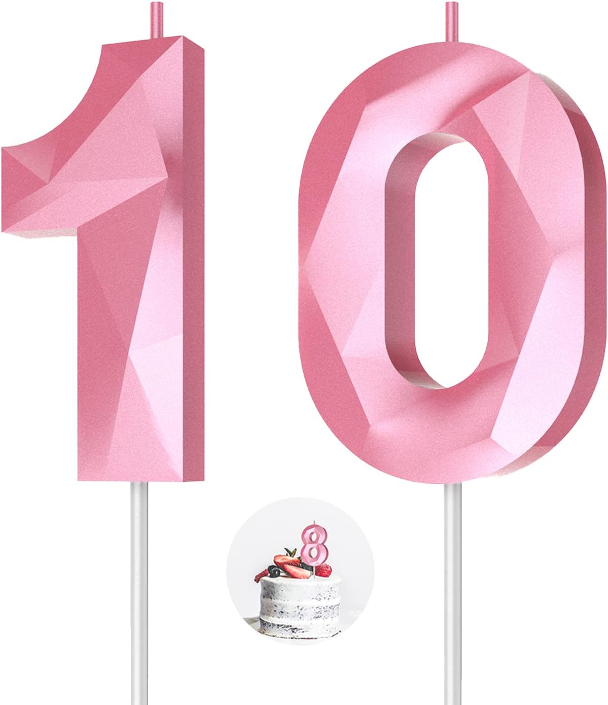 Number Birthday Candles(10 Candle Pink) 3D Diamond Shape 10th Happy Birthday Cake Topper Decorations for Girl Women Birthday Wedding Anniversary Celebration Theme Party Supplies