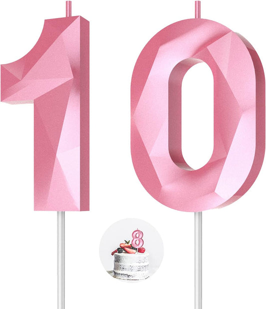 Number Birthday Candles(10 Candle Pink) 3D Diamond Shape 10th Happy Birthday Cake Topper Decorations for Girl Women Birthday Wedding Anniversary Celebration Theme Party Supplies