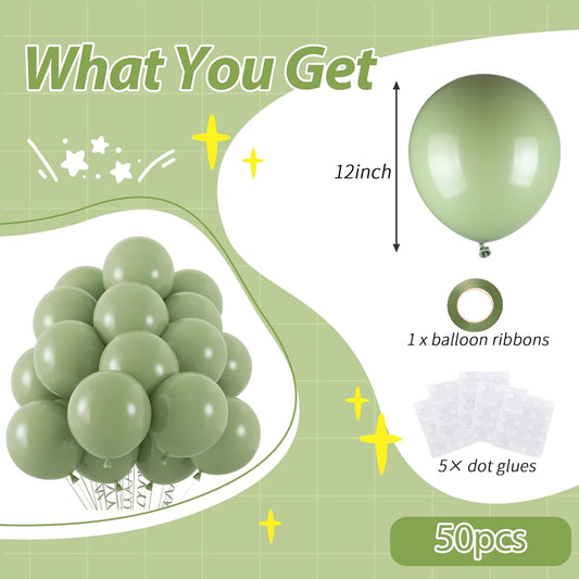 50pcs Sage Green Balloons, 12inch Matte Boho Green Balloons for for Wedding Decor Safari Baby Shower Jungle Birthday Balloon Decoration (With Ribbon & Glue)