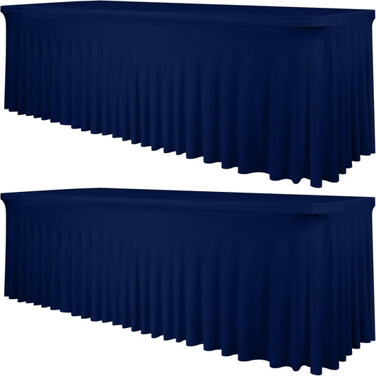 2 Packs Navy Blue Stretch Table Skirts for 8 Foot Rectangle Table, Washable Spandex Stretch Tablecloths with Skirt, Wrinkle Resistant Fitted Tablecover for Wedding Party Banquet