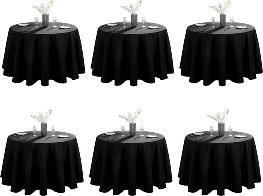 VidaFete 6 Pack 108inch Round Tablecloth Polyester Table Cloth，Stain Resistant and Wrinkle Polyester Dining Table Cover for Kitchen Dinning Party Wedding Rectangular Tabletop Buffet Decoration(Black)