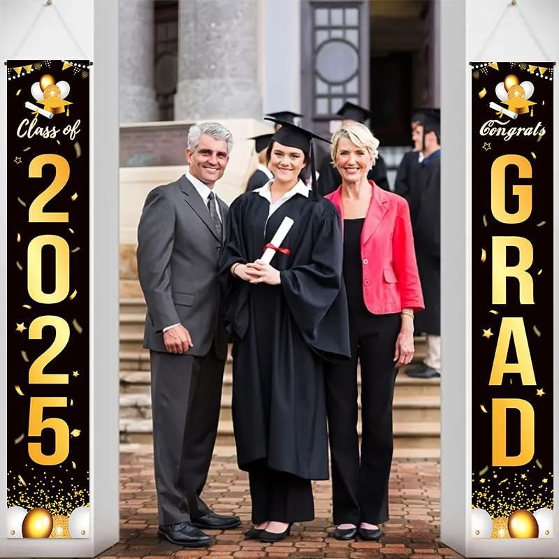 Graduation Party Decorations Set 2025, Black and Gold Porch Banner with Backdrop, Class of 2025 Congrats Grad