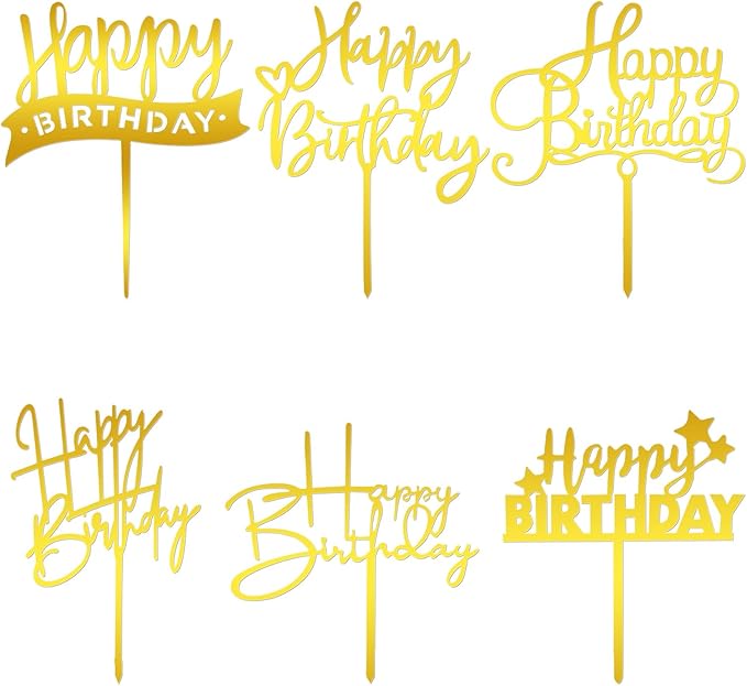 6 Pcs Gold Cake Topper - Happy Birthday Sign & Letters for Cake Decorations - Personalized Golden Cupcake Toppers & Cake Inserts