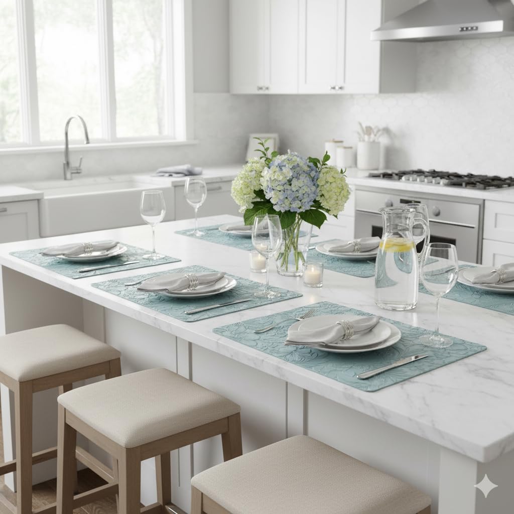 17" × 12" Faux Leather Placemats Set of 6, Ice Blue, Washable, Wipeable & Heat-Resistant Table Mats, Waterproof & Anti-Slip Dining Place Mats with Shallow Embossed Texture for Kitchen & Dining