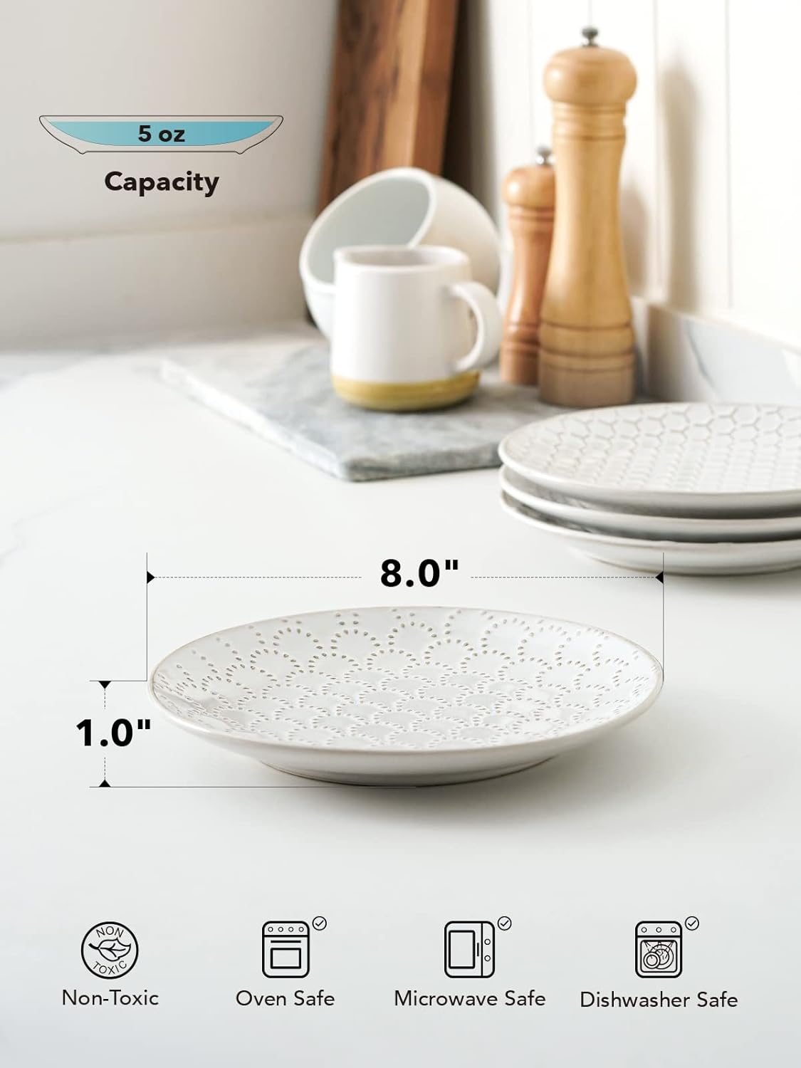 LE TAUCI Salad Plates 8 Inch, Ceramic Embossment Plate Set for Dessert Appetizer Small Dinner, Suit For Housewarming Wedding -Set of 4, Arctic White