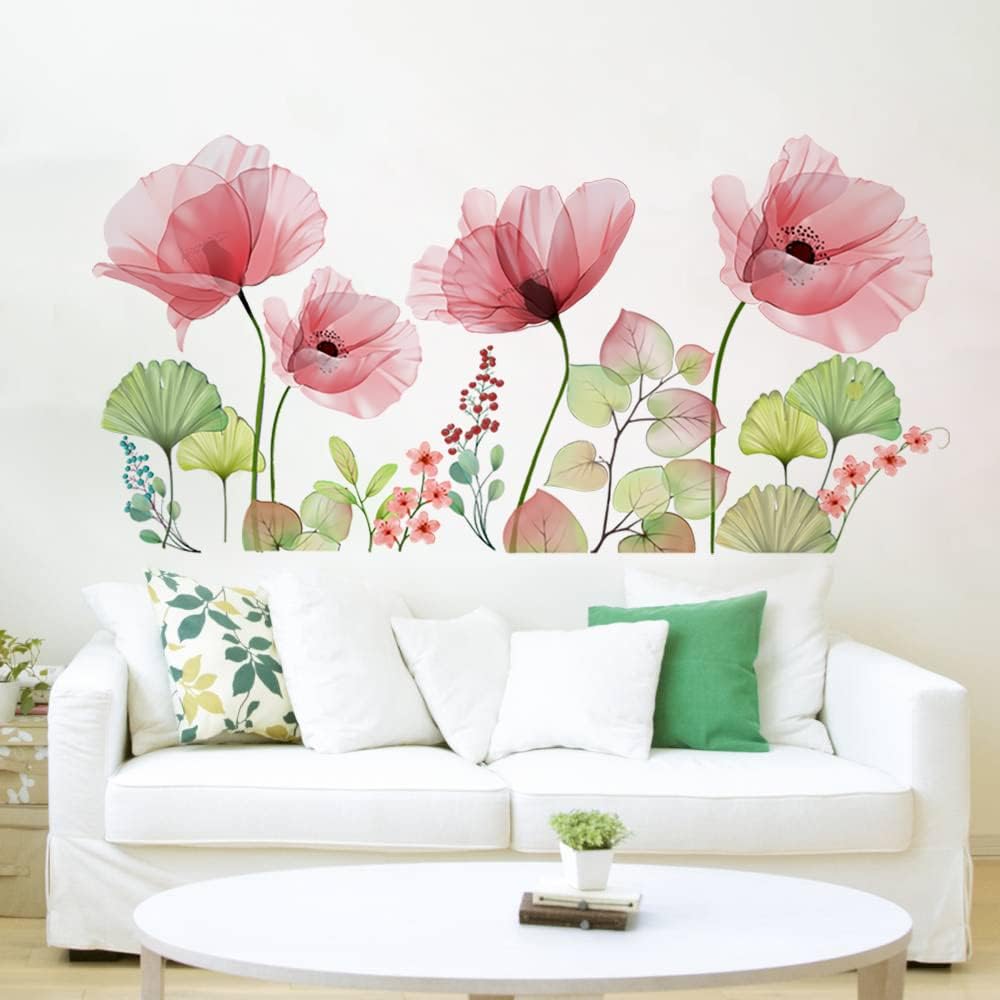 Runtoo Poppy Flowers Wall Stickers Floral Leaf Wall Art Decals Living Room Bedroom Nursery Wall Decor