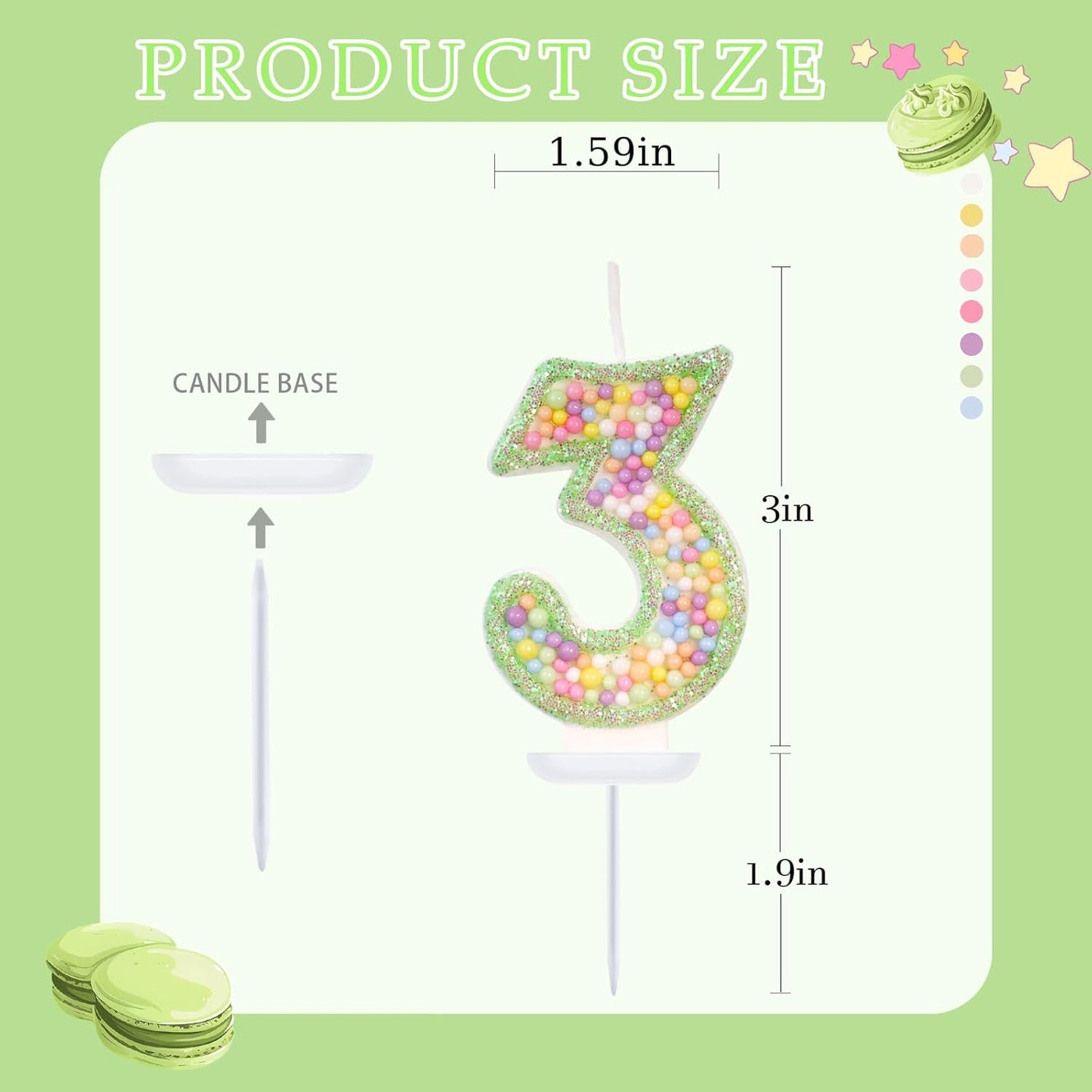 Birthday Candles - Number 3 Candle, Colorful Macaron Candles for Boys/Girls, Green Cake Decorations, Dinosaur Themed Party Supplies