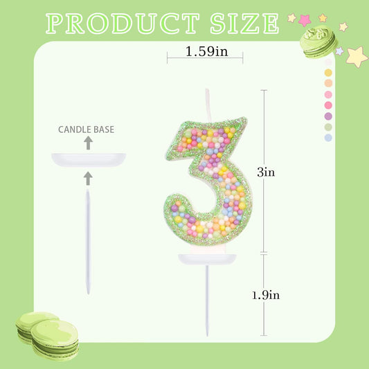 Birthday Candles - Number 3 Candle, Colorful Macaron Candles for Boys/Girls, Green Cake Decorations, Dinosaur Themed Party Supplies