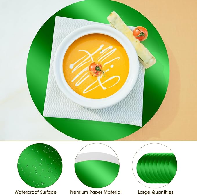 KesaPlan 100 PCS Round Green Placemats, 13" Disposable Paper Placemats for Dining Table, Mirror Green Charger Place Mat for St. Patrick’s Day Christmas Thanksgiving Table Setting Wedding Party