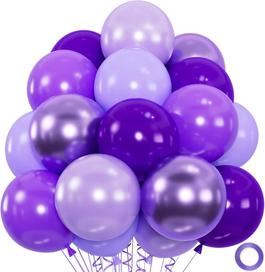 50pcs Purple Balloon Set | 12-Inch Metallic Chrome, Pearl, Lavender Lilac & Light Purple Balloons for Birthdays, Weddings, Baby Bridal Showers & Princess Parties