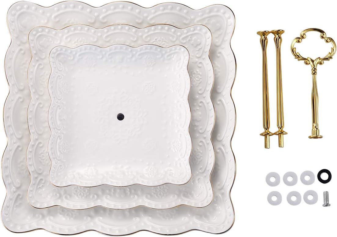 3-Tier Square Ceramic Cupcake Stand, High Tea Stand for Party or Holiday Hosting (with Gold Edge)
