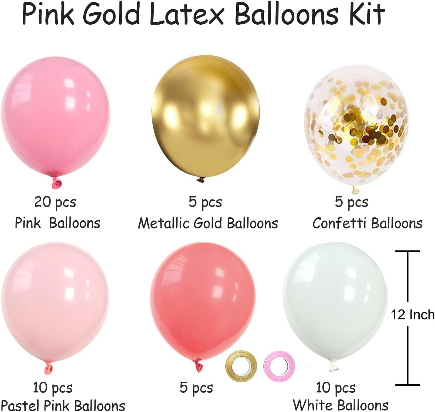 Pink and Gold Balloons Set, 50pcs 12 inch Pink White Gold Latex Balloons for Girl Birthday Wedding Bridal Shower Graduation Party Decoration