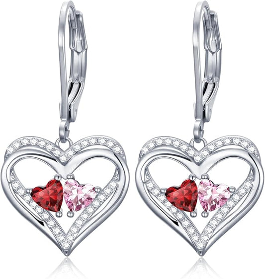 Valentines Day Gifts for Women, Heart Leverback Earrings Double Birthstone Dangle Earrings for Women, Love Jewelry for Her, Anniversary Birthday Gift for Mom Wife Girlfriend