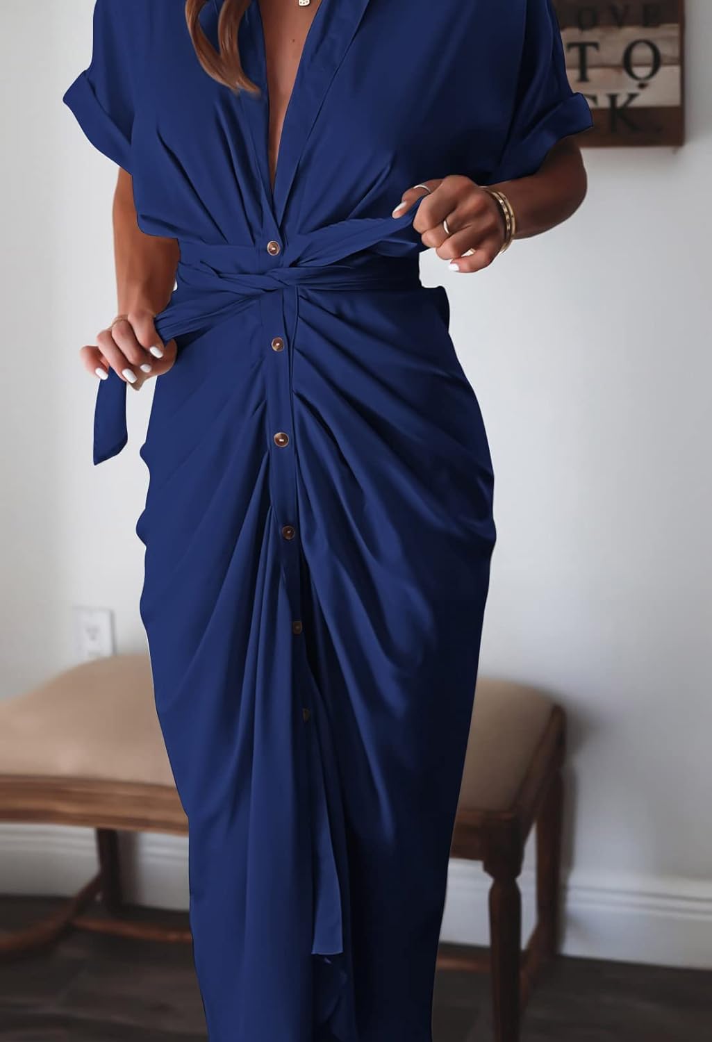 Women Elegant Satin Button Down Short Sleeve Maxi Shirt Dress with Belt