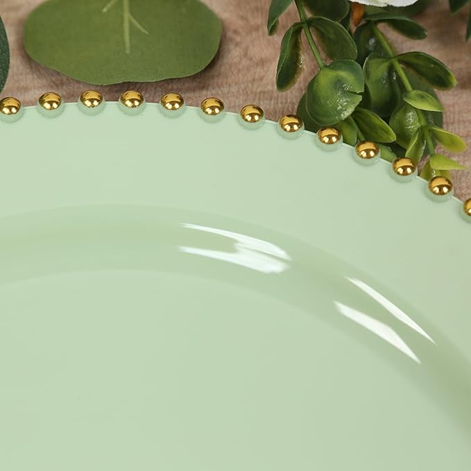 Efavormart 10-Pack Economy Plastic Charger Plates 13" Round Sage Green with Gold Beaded Rim - Stylish Dinner Party Serving Plates