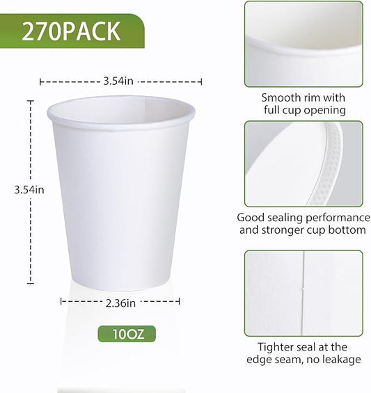 LITOPAK 270 Pack 10 oz Disposable Paper Coffee Cup, Drinking Cups for Water, White Paper Hot Coffee Cups, Suitable for Party, Picnic, Travel, and Events