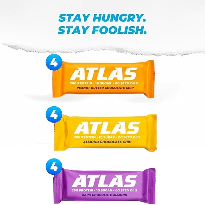 Atlas Bar – 20g Protein, 1g Sugar, 0g Seed Oils, 0g Sugar Alcohols (Variety Pack, 12 Count)