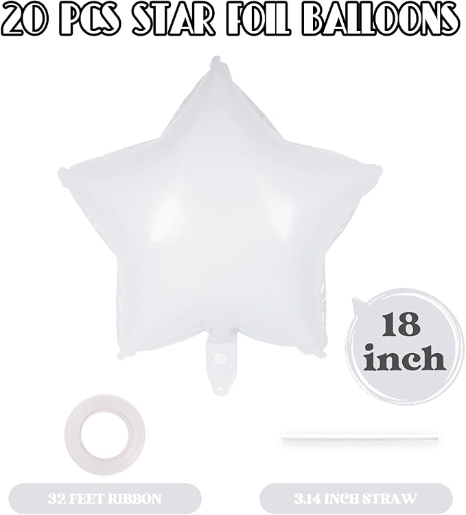 20 Pcs Star Balloons,18 Inch White Star Foil Balloons,Stars Shaped Balloon Mylar Helium Balloon for Birthday Party Anniversary Wedding Baby Shower Decorations (White)