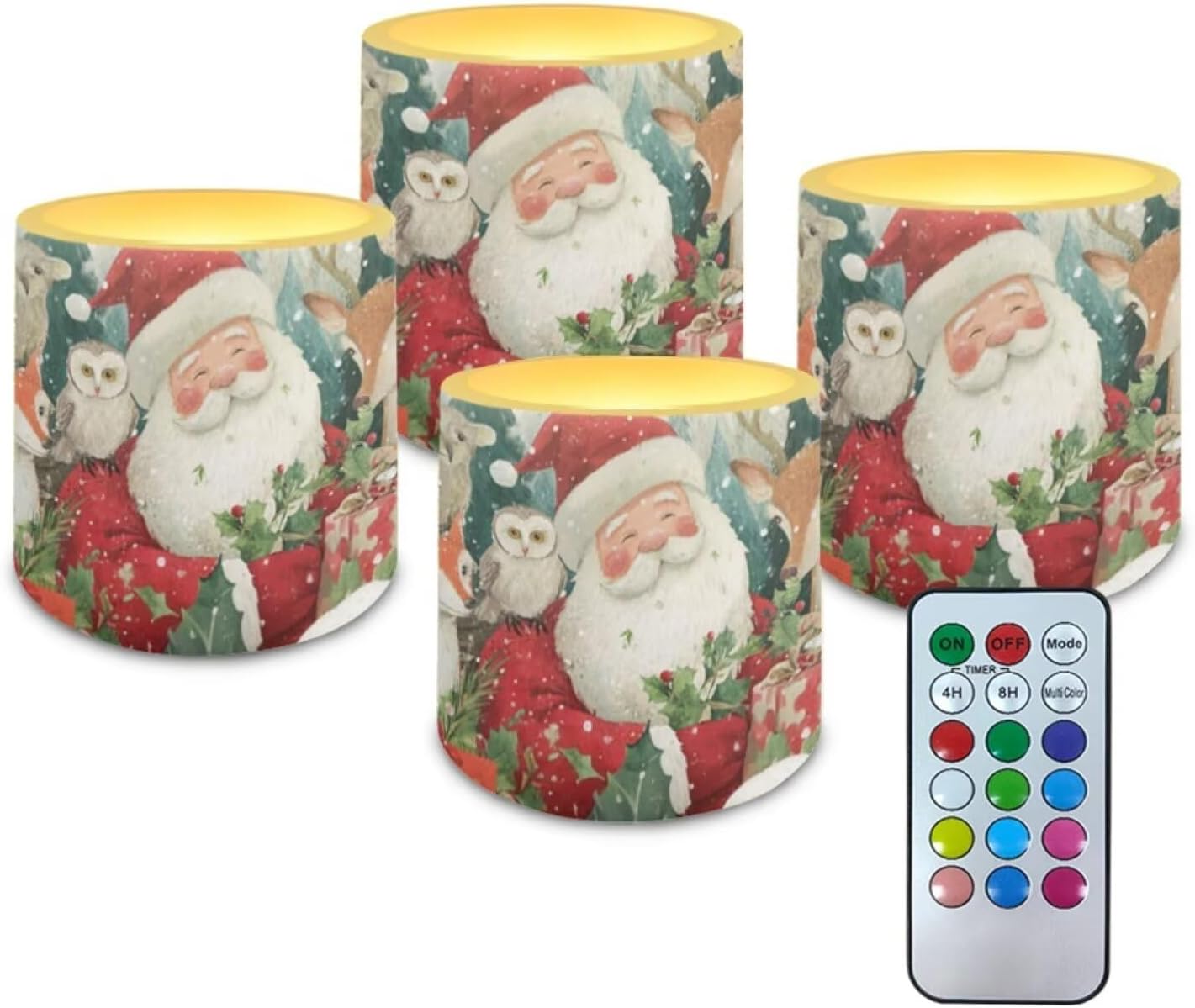 Poceacles 4 Pack Christmas Flameless LED Candles Remote Control Flickering LED Pillar Candles Battery Operated, Timer Multi-Color Options Tea Lights, Santa Claus Owl Reindeer Fox Animal Pattern