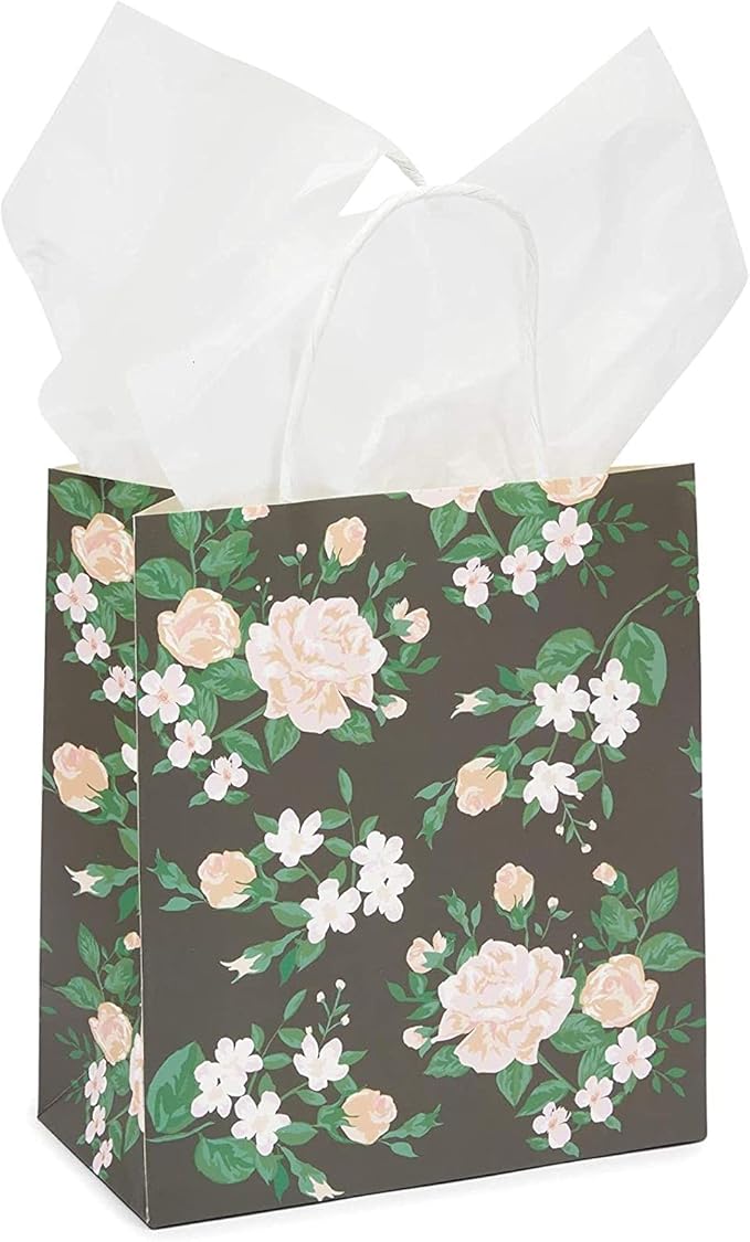 Sparkle and Bash 12 Mini Floral Gift Bags - 8 x 9 x 4 in Multicolor Pack - Party & Thank You Favors - For Baby & Bridal Showers