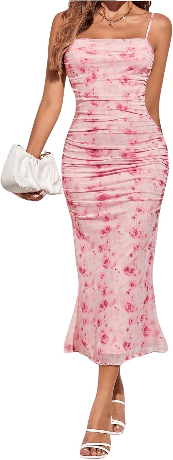 GORGLITTER Women's Floral Ruched Bodycon Midi Dress Mesh Sleeveless Fishtail Cami Dresses