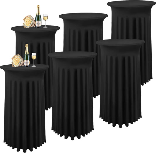 6 Packs Cocktail Table Covers Black Cocktail Table Cloth 32"x 43" Spandex Stretch Small Round Tablecloth for 32in Table with Wavy Drapes Fitted High Top Table Cloth for Party Wedding Banquet Bar Table