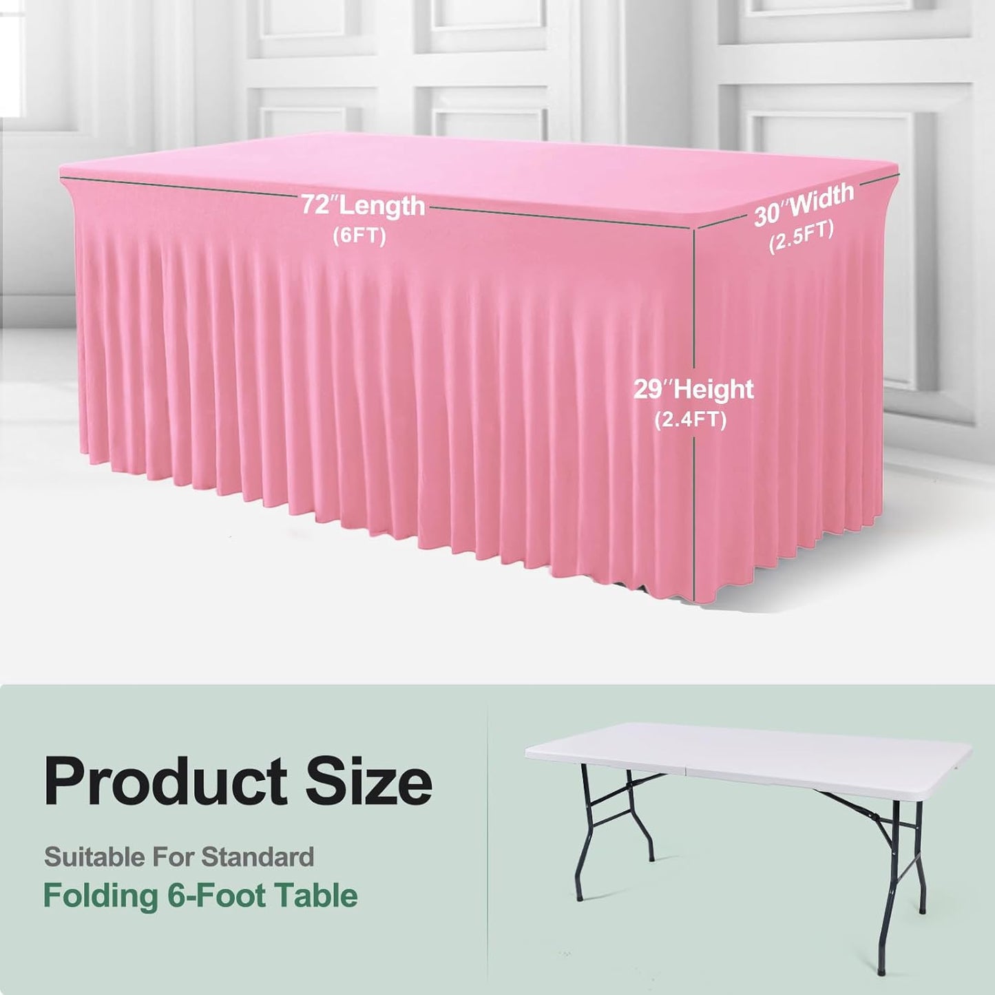 Table Skirts for Rectangle Tables 6ft - 2 Pack One-Piece Pink Tablecloths and Skirt, Wrinkle Resistant Ruffles Elastic Cover for Banquets, Weddings, Events, Parties