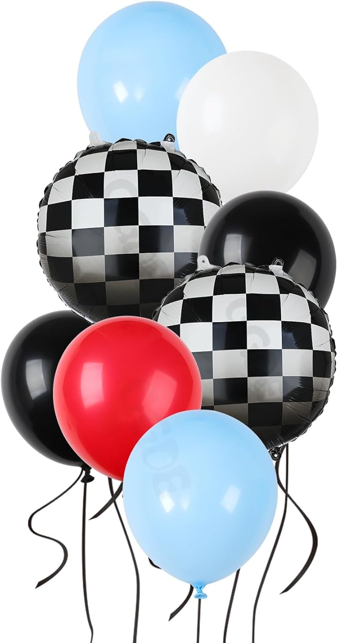 Race Car Balloon Bundle 20 Pcs Checkered Balloons Latex Balloon Blue Red Black Boy One Happy 1st 2nd Vintage Fast One Two Fast Theme Race Car Birthday Party Decor Supplies Kit