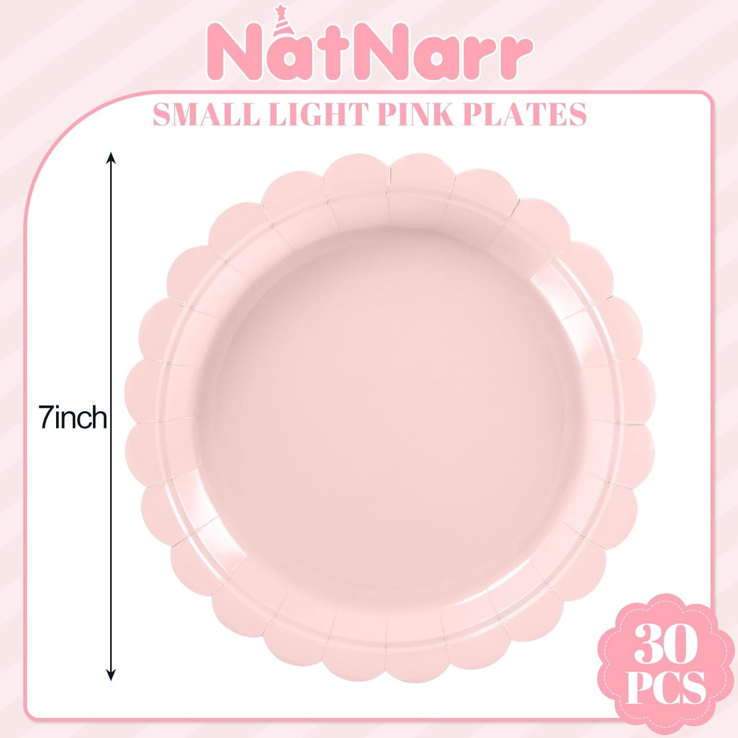 30 Pcs Dessert Plates Disposable, 7 Inch Pink Cake Plates Scalloped Small Appetizer Birthday Plate Fancy Pink Party Plate for Wedding, Bridal Baby Shower