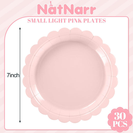 30 Pcs Dessert Plates Disposable, 7 Inch Pink Cake Plates Scalloped Small Appetizer Birthday Plate Fancy Pink Party Plate for Wedding, Bridal Baby Shower