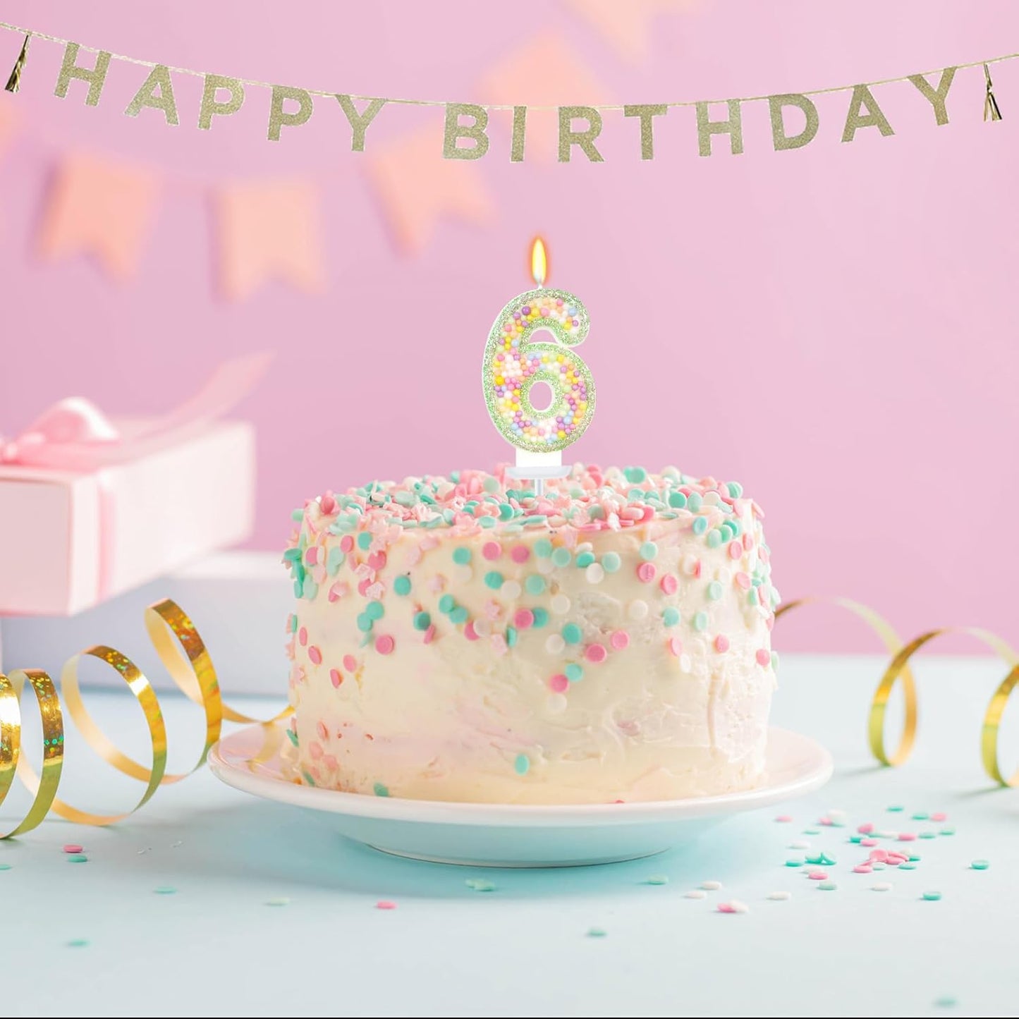 Birthday Candles - Number 6 Candle, Colorful Macaron Candles for Boys/Girls, Green Cake Decorations, Dinosaur Themed Party Supplies