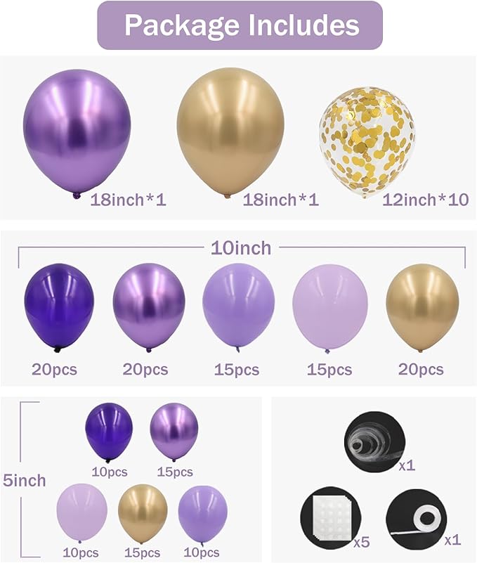 Purple Balloon Garland Arch Kit, 162pcs Dark Purple Lavender Light Pastel Purple Chrome Gold Confetti Balloons for Wedding bridal shower Mothers Day Princess Birthday Butterfly Party Decorations