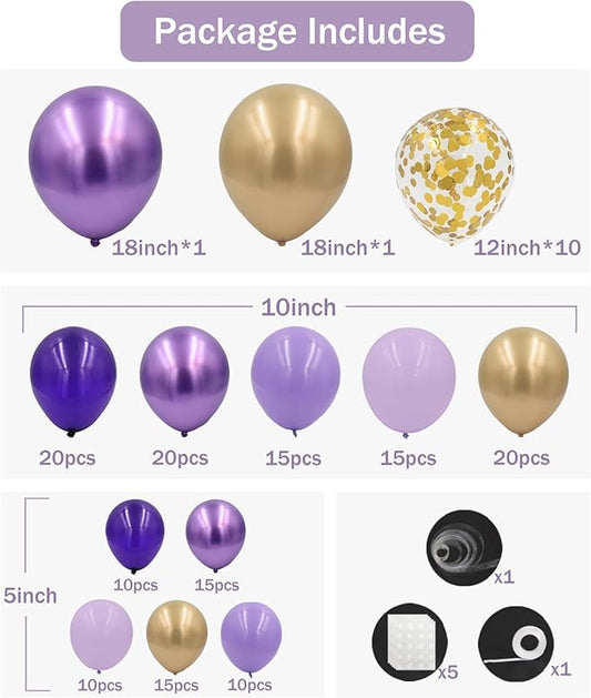 Purple Balloon Garland Arch Kit, 162pcs Dark Purple Lavender Light Pastel Purple Chrome Gold Confetti Balloons for Wedding bridal shower Mothers Day Princess Birthday Butterfly Party Decorations