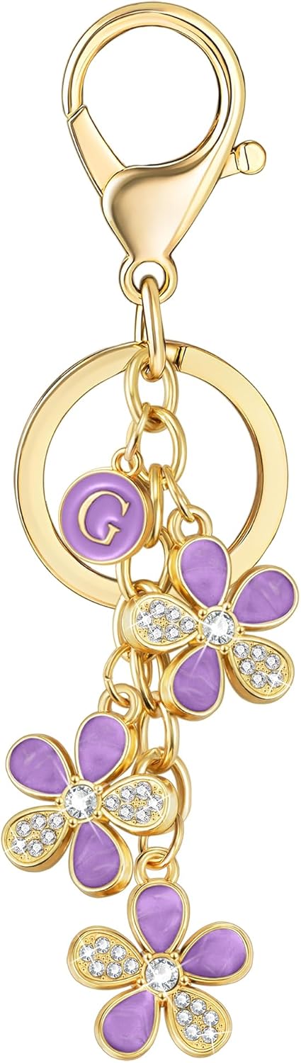 XGALBLA Cute Flower Crystals Rhinestone Initial Letter Keychain for Women, Bag Charms Bling Sparkly Enameled Keychain Handbag