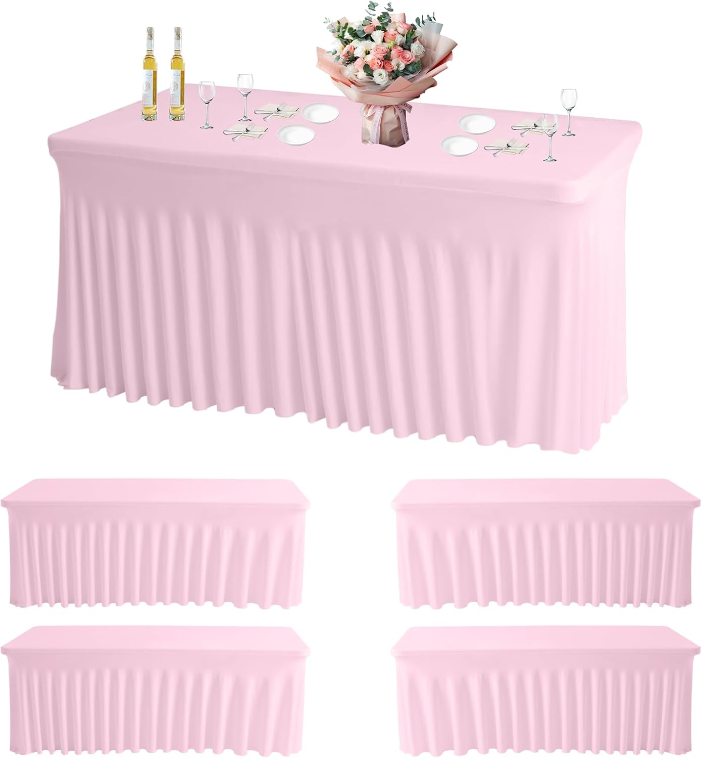 JCJ Table Skirt for Rectangle Tables Set of 4 Spandex Fitted Pink Tablecloths for 6FT Tables, Wrinkle Resistant Ruffles Elastic Table Cover Skirts for Weddings Banquets Parties Teacher Desk