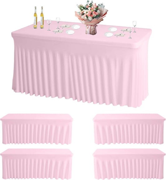 JCJ Table Skirt for Rectangle Tables Set of 4 Spandex Fitted Pink Tablecloths for 6FT Tables, Wrinkle Resistant Ruffles Elastic Table Cover Skirts for Weddings Banquets Parties Teacher Desk
